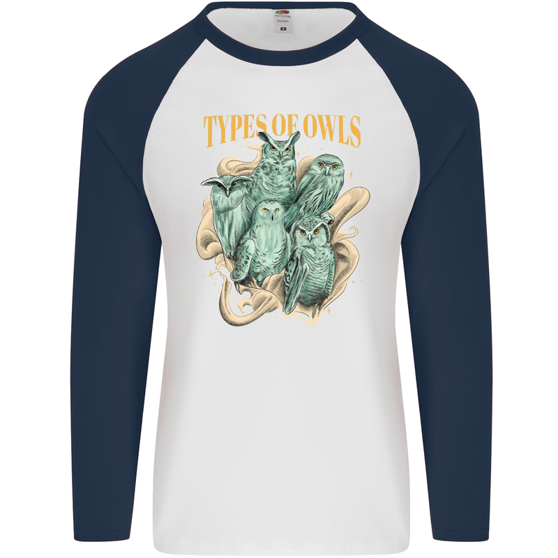 Types of Owls Species Mens L/S Baseball T-Shirt White/Navy Blue