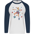 Female Rock Climber Climbing Wall Mens L/S Baseball T-Shirt White/Navy Blue