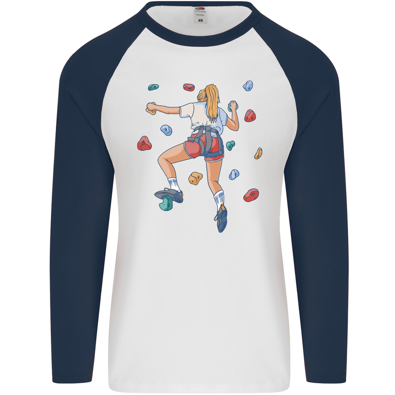 Female Rock Climber Climbing Wall Mens L/S Baseball T-Shirt White/Navy Blue