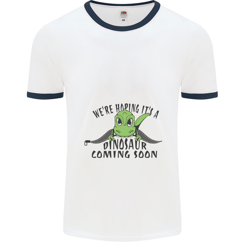 Dinosaur Coming Soon New Baby Pregnancy Pregnant Mens Ringer T-Shirt White/Navy Blue