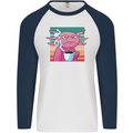 Grumpy Axolotl With Coffee Mens L/S Baseball T-Shirt White/Navy Blue