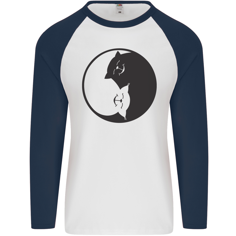 Yin Yang Cat Lover Funny Kitten Pet Mens L/S Baseball T-Shirt White/Navy Blue