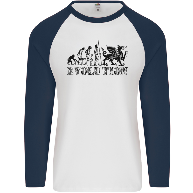 Evolution of Welsh Rugby Player Union Funny Mens L/S Baseball T-Shirt White/Navy Blue