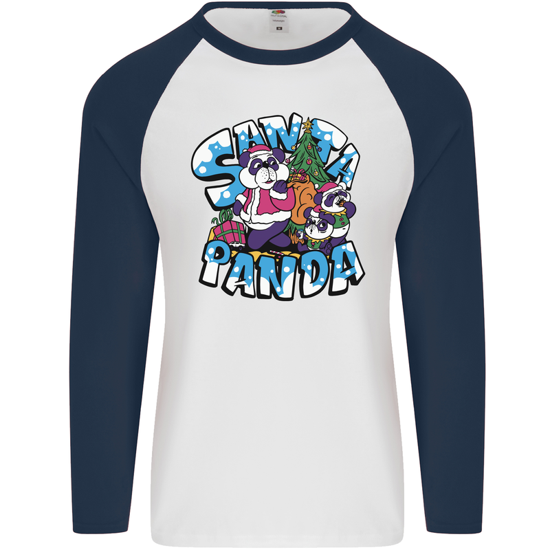 Funny Christmas Santa Panda Mens L/S Baseball T-Shirt White/Navy Blue