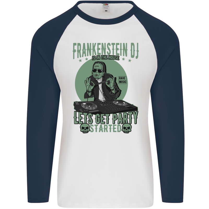 DJ Frankenstein Funny Music Vinyl Halloween Mens L/S Baseball T-Shirt White/Navy Blue