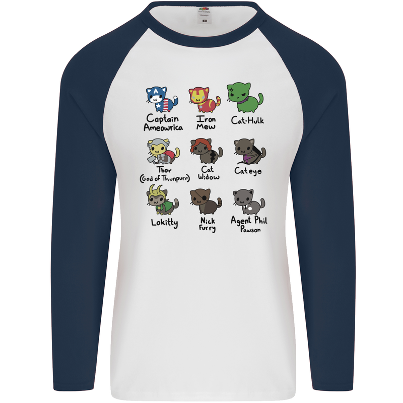 Funny Cat Superheroes Mens L/S Baseball T-Shirt White/Navy Blue
