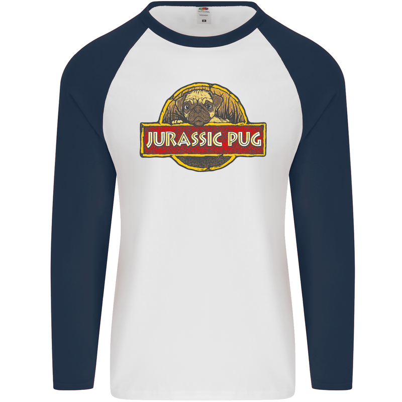 Jurassic Pug Funny Dog Movie Parody Mens L/S Baseball T-Shirt White/Navy Blue