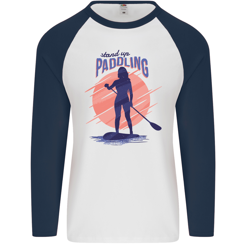 Stand Up Paddling Paddleboarding Mens L/S Baseball T-Shirt White/Navy Blue