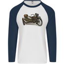 Motorcycle and Sidecar Biker Motorbike Mens L/S Baseball T-Shirt White/Navy Blue
