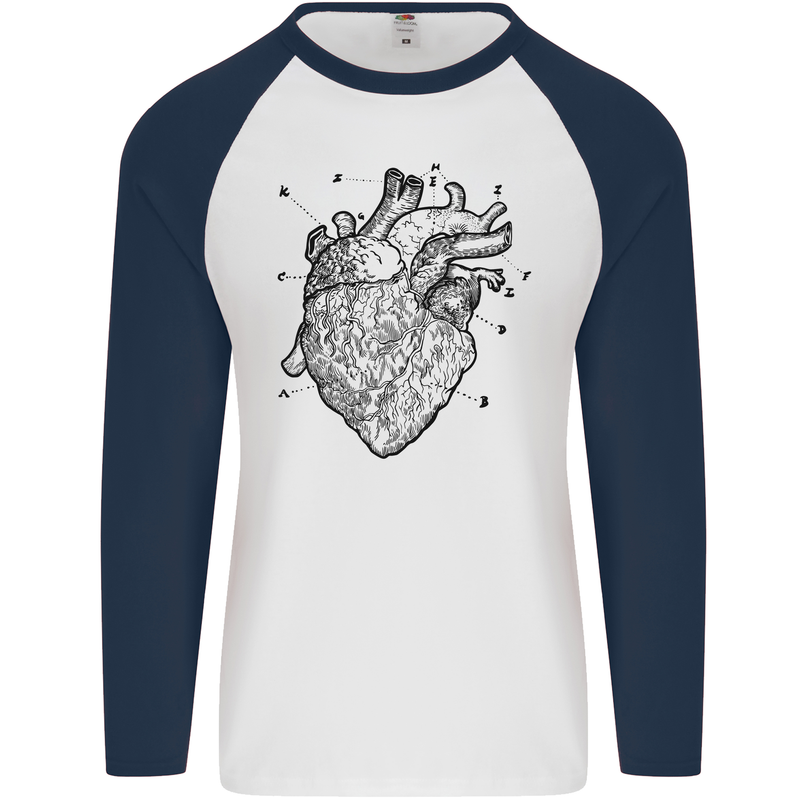 Heart Diagram Mens L/S Baseball T-Shirt White/Navy Blue