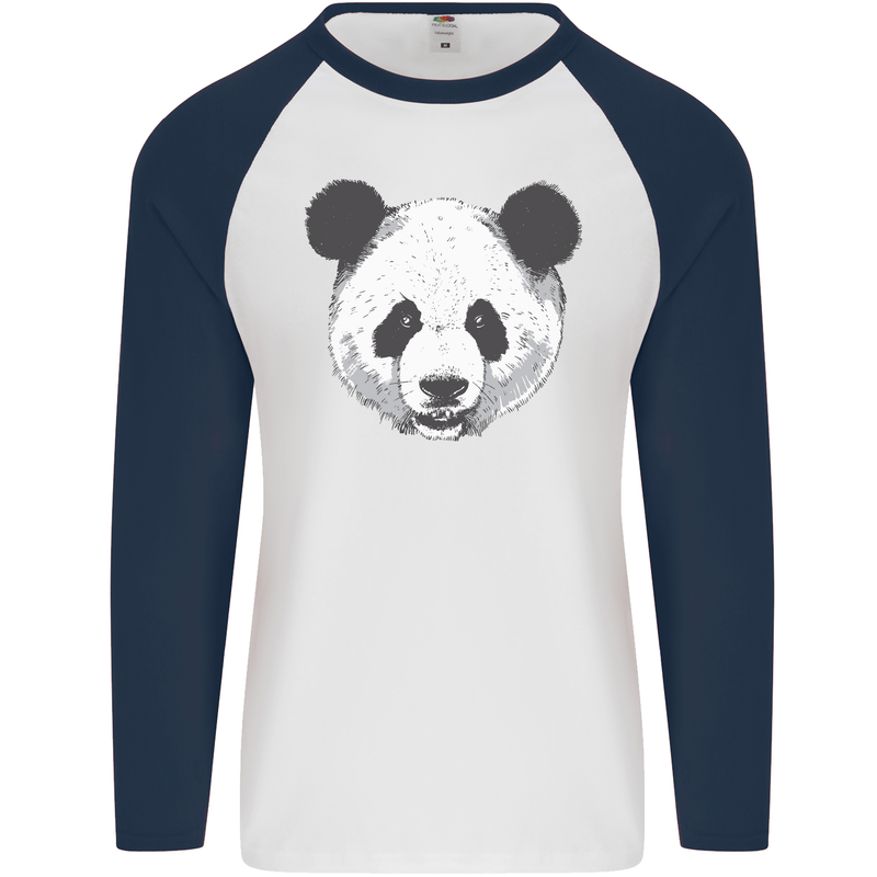 A Panda Bear Face Mens L/S Baseball T-Shirt White/Navy Blue