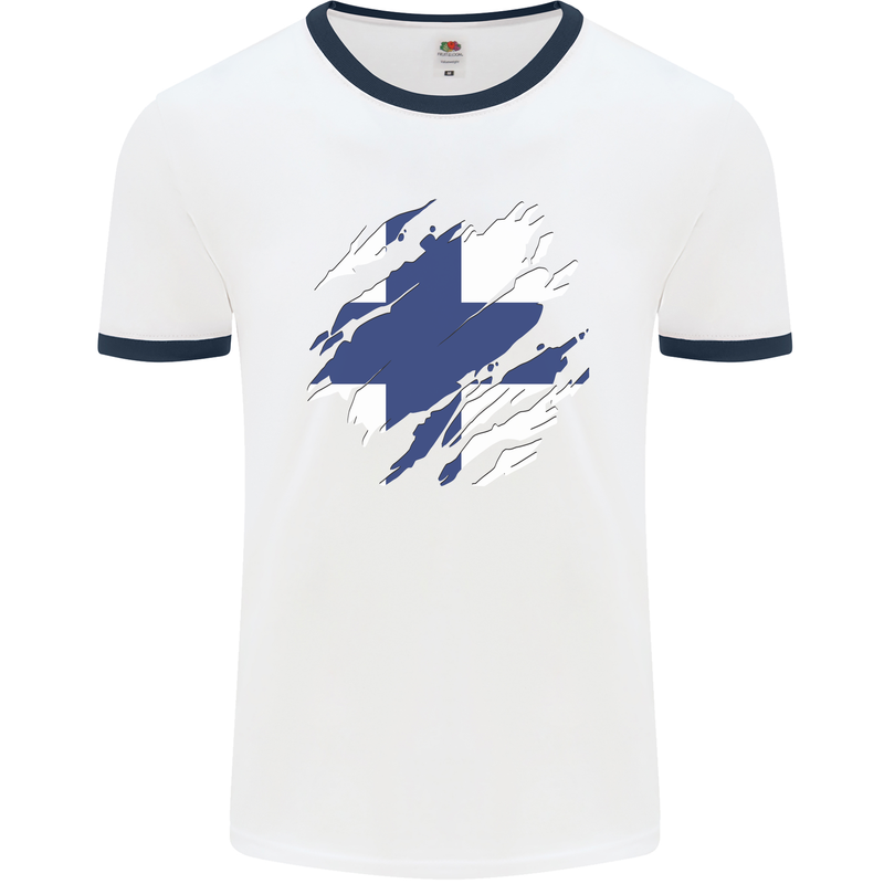 Torn Finland Flag Finnish Day Football Mens Ringer T-Shirt White/Navy Blue