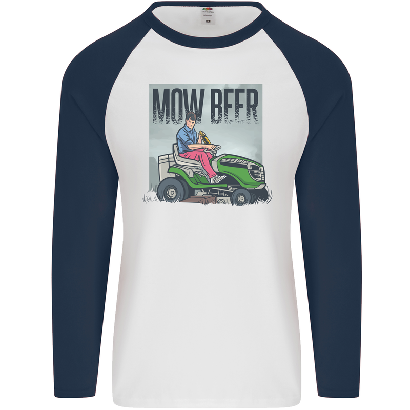 Mow Beer Funny Lawnmower Alcohol Gardening Mens L/S Baseball T-Shirt White/Navy Blue