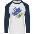 Torn Solomon Islands Flag Day Football Mens L/S Baseball T-Shirt White/Navy Blue