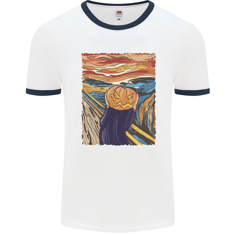 Pumpkin Scream Painting Halloween Mens Ringer T-Shirt White/Navy Blue