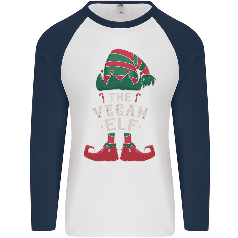 The Vegan Elf Funny Christmas Xmas Mens L/S Baseball T-Shirt White/Navy Blue
