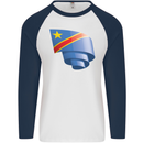 Curled DR Congo Flag Congolese Day Football Mens L/S Baseball T-Shirt White/Navy Blue
