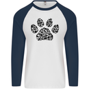 Dog Paw Print Word Art Mens L/S Baseball T-Shirt White/Navy Blue