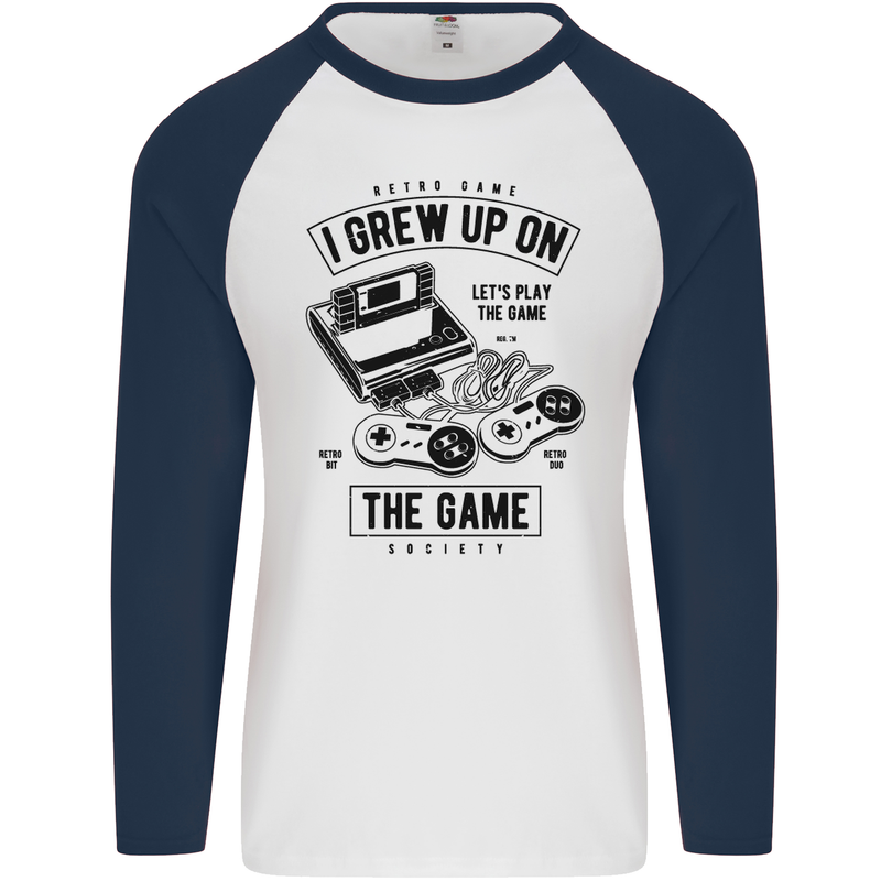 I Grew up on the Gamer Funny Gaming Mens L/S Baseball T-Shirt White/Navy Blue