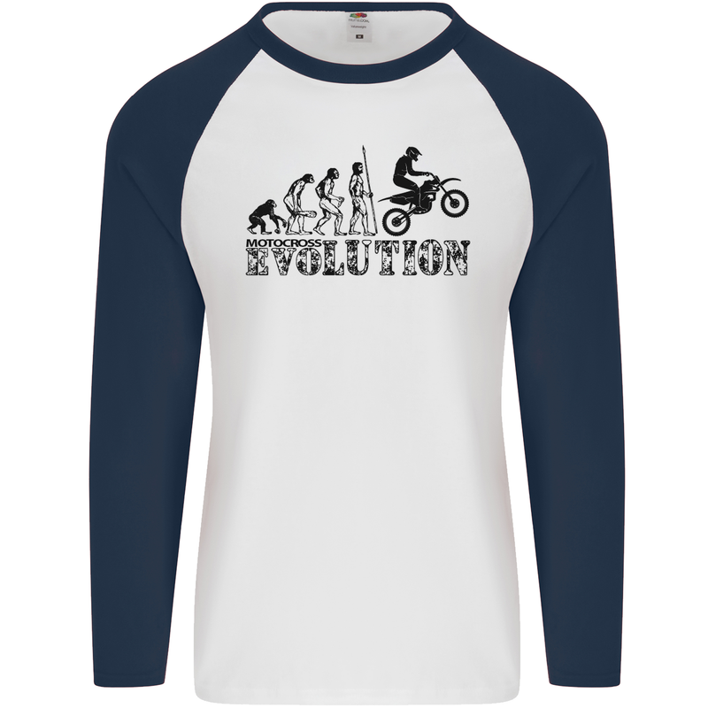 Evolution of Motorcycle Motorbike Biker Mens L/S Baseball T-Shirt White/Navy Blue