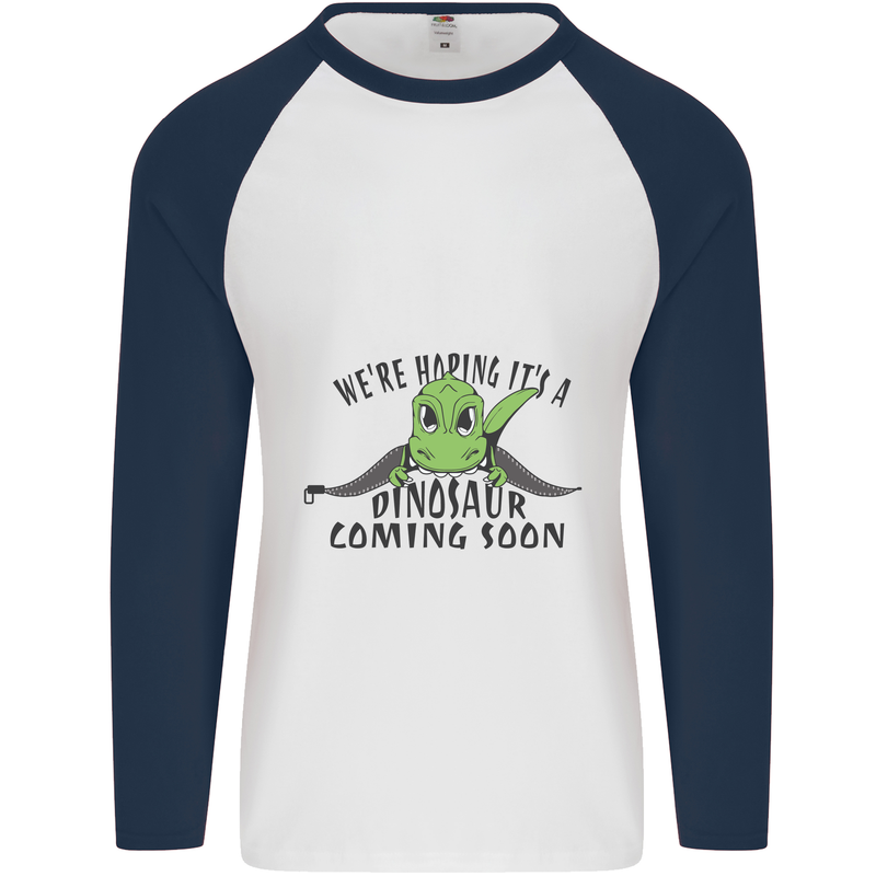 Dinosaur Coming Soon New Baby Pregnancy Pregnant Mens L/S Baseball T-Shirt White/Navy Blue