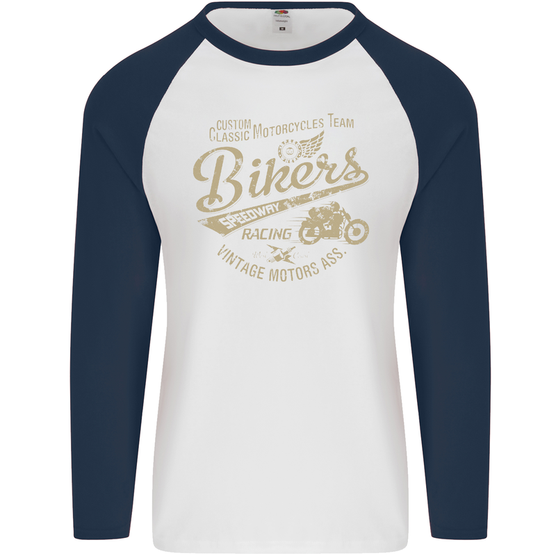 Bikers Speedway Racing Mens L/S Baseball T-Shirt White/Navy Blue