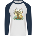 An Owl and Fox Tree Nature Ecology Mens L/S Baseball T-Shirt White/Navy Blue