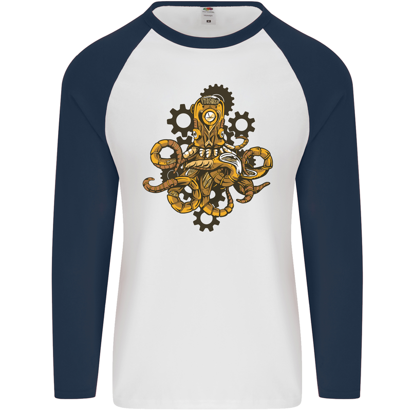 Steampunk Octopus Scuba Diving Cthulhu Mens L/S Baseball T-Shirt White/Navy Blue