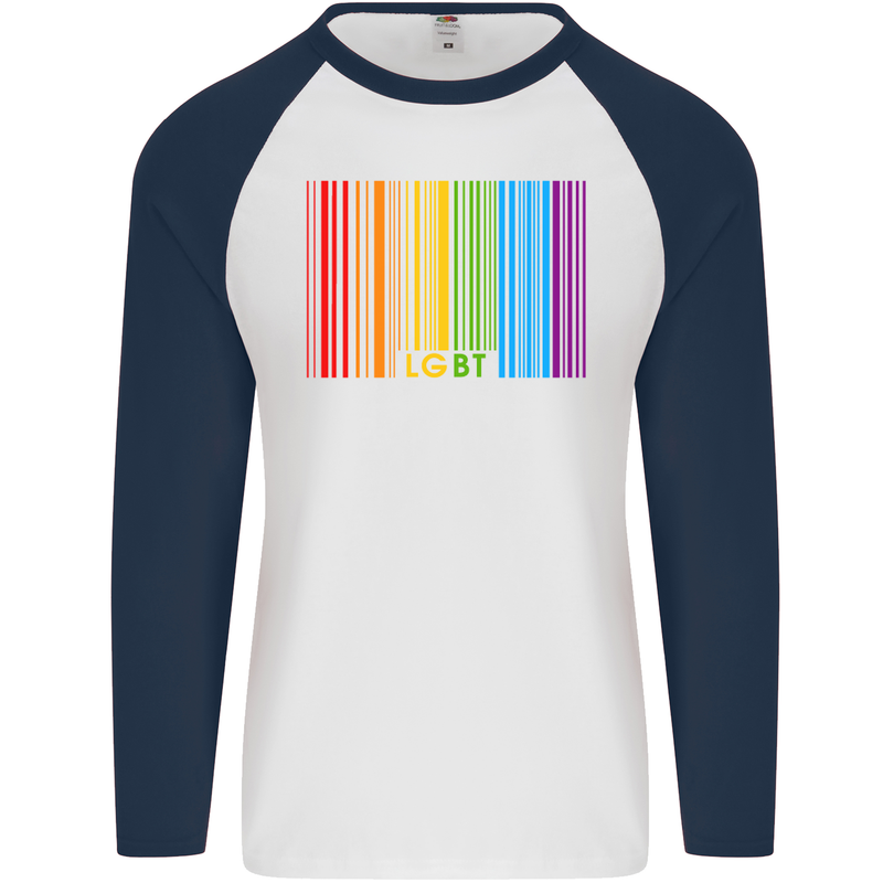 LGBT Barcode Gay Pride Day Awareness Mens L/S Baseball T-Shirt White/Navy Blue