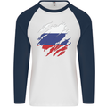 Torn Russia Flag Russian Day Football Mens L/S Baseball T-Shirt White/Navy Blue