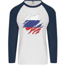 Torn Russia Flag Russian Day Football Mens L/S Baseball T-Shirt White/Navy Blue
