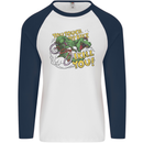 T-Rex Dinosaur Funny Cycling Cyclist Mens L/S Baseball T-Shirt White/Navy Blue