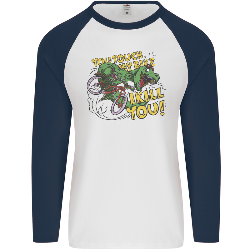 T-Rex Dinosaur Funny Cycling Cyclist Mens L/S Baseball T-Shirt White/Navy Blue