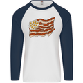 Bacon Egg Stars and Stripes Flag Funny USA Mens L/S Baseball T-Shirt White/Navy Blue