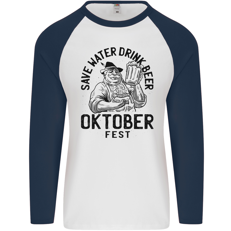 Oktoberfest Drink Beer Funny Alcohol Mens L/S Baseball T-Shirt White/Navy Blue