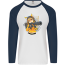 Anime Gun Girl Mens L/S Baseball T-Shirt White/Navy Blue