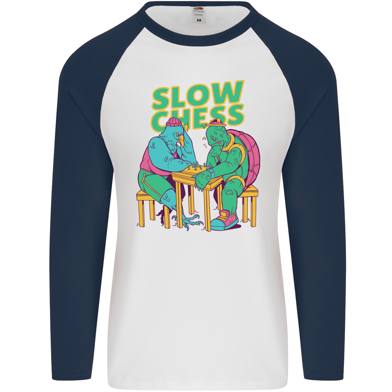 Slow Chess Funny Tortoise & Cock Mens L/S Baseball T-Shirt White/Navy Blue