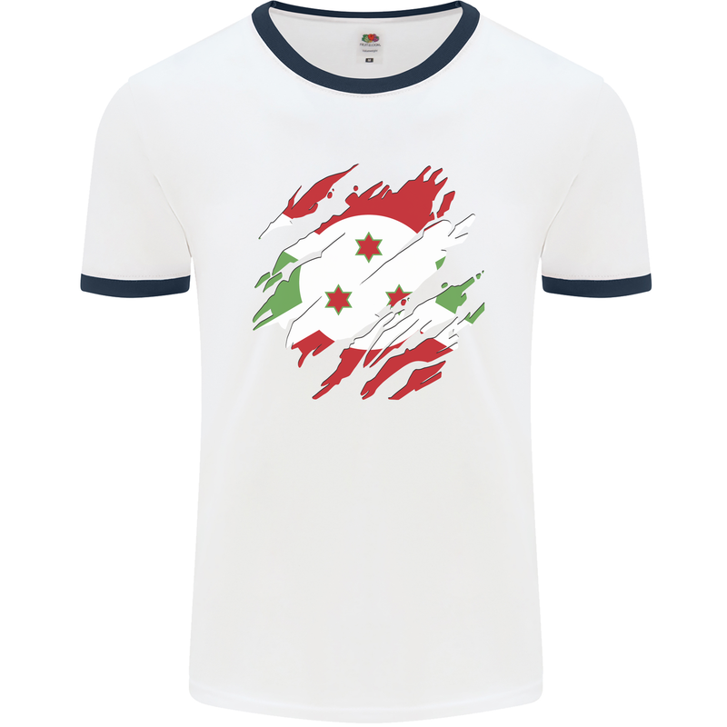 Torn Burundi Flag Burundians Day Football Mens Ringer T-Shirt White/Navy Blue