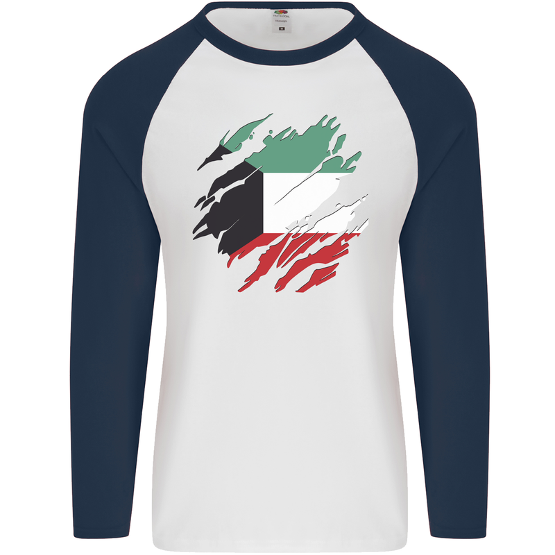 Torn Kuwait Flag Kuwaiti Day Football Mens L/S Baseball T-Shirt White/Navy Blue