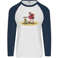 Christmas Beach Santa Clause & Snowman Mens L/S Baseball T-Shirt White/Navy Blue