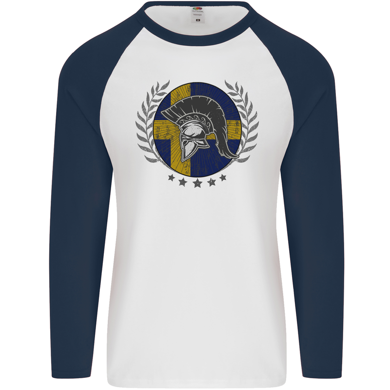 Sweden Bodybuilding Flag Gym Training Swedish Mens L/S Baseball T-Shirt White/Navy Blue