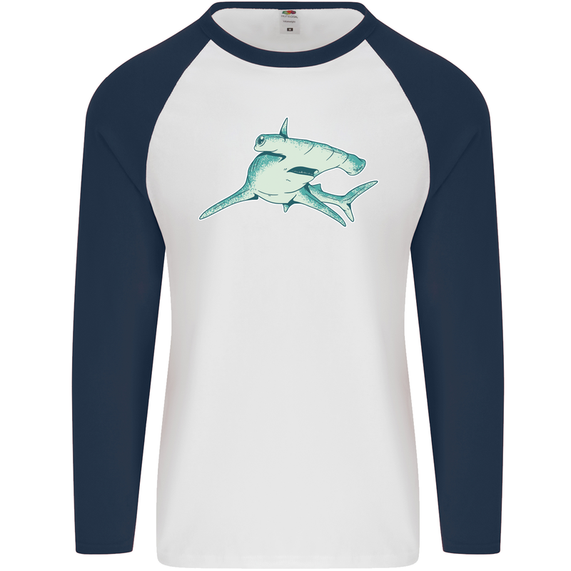 A Hammerhead Shark Mens L/S Baseball T-Shirt White/Navy Blue