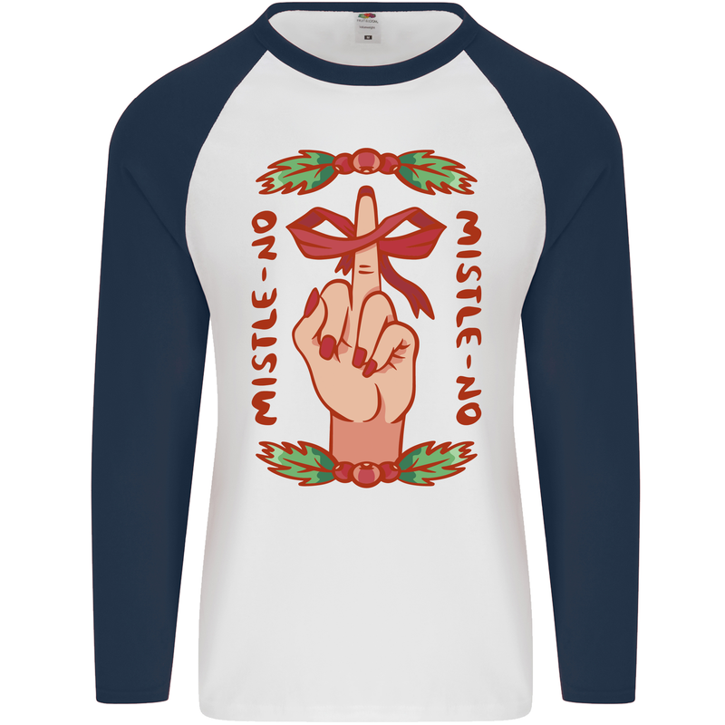Christmas Mistle No Funny Bah Humbug Mens L/S Baseball T-Shirt White/Navy Blue