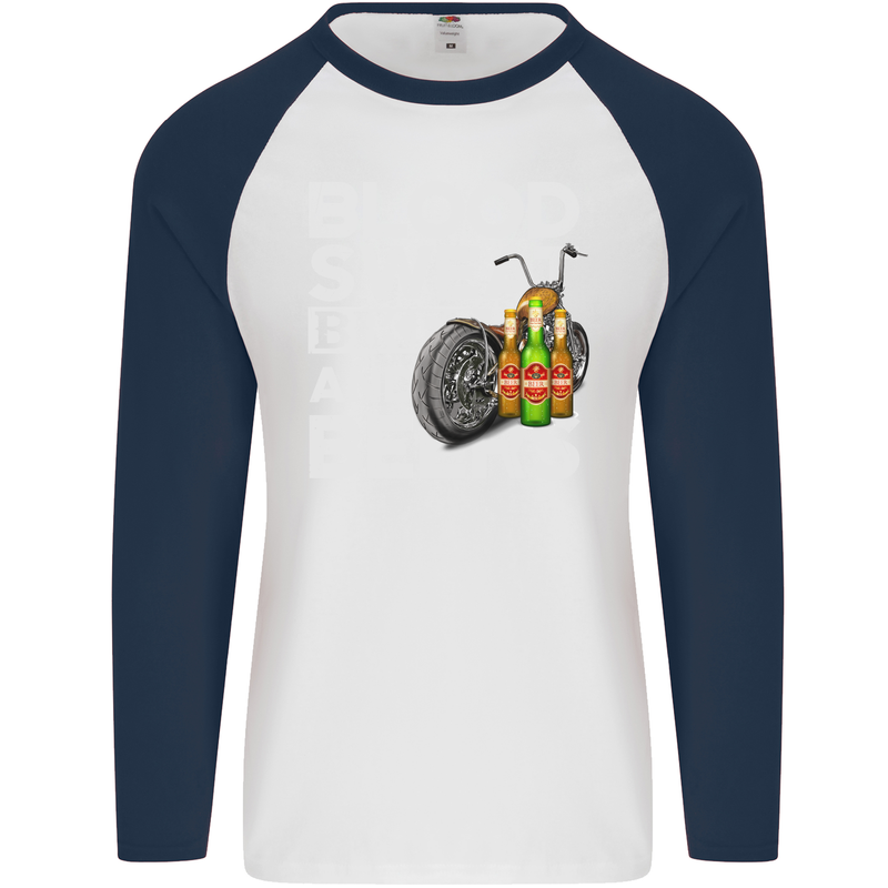 Blood Sweat Bikes & Beer Funny Motorcycle Mens L/S Baseball T-Shirt White/Navy Blue