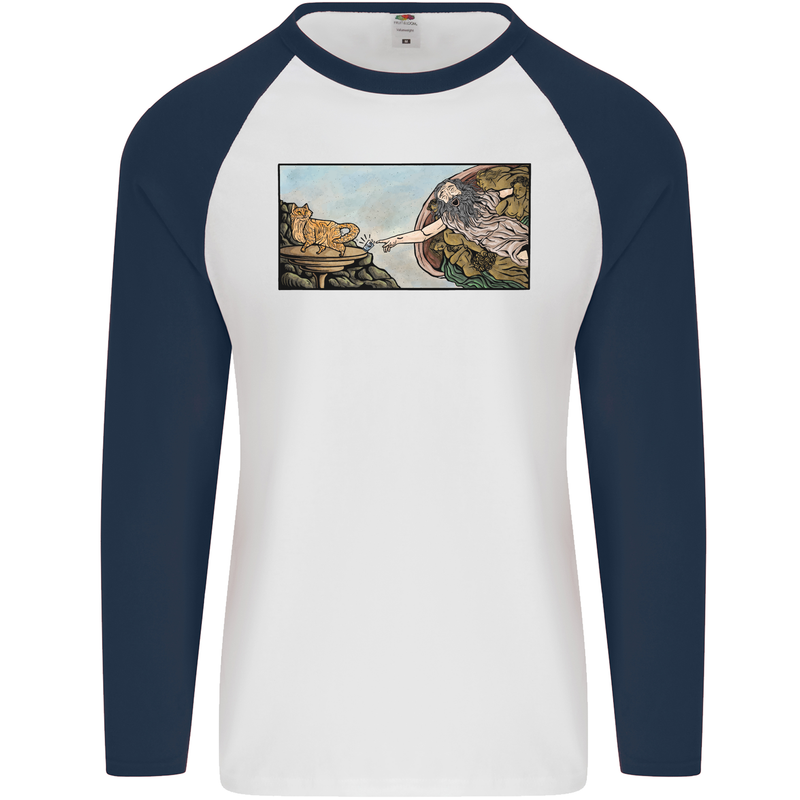 Funny Cat Creation Mens L/S Baseball T-Shirt White/Navy Blue