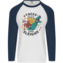 T-Rex Cooler than Sleighs Funny Christmas Mens L/S Baseball T-Shirt White/Navy Blue