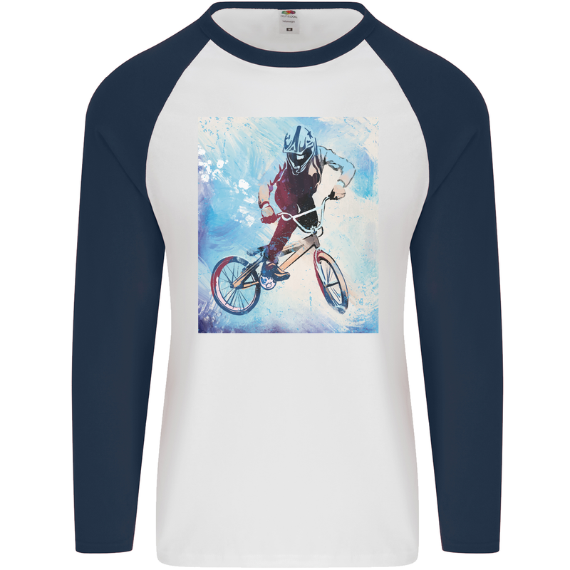 A Cool BMX Design Mens L/S Baseball T-Shirt White/Navy Blue