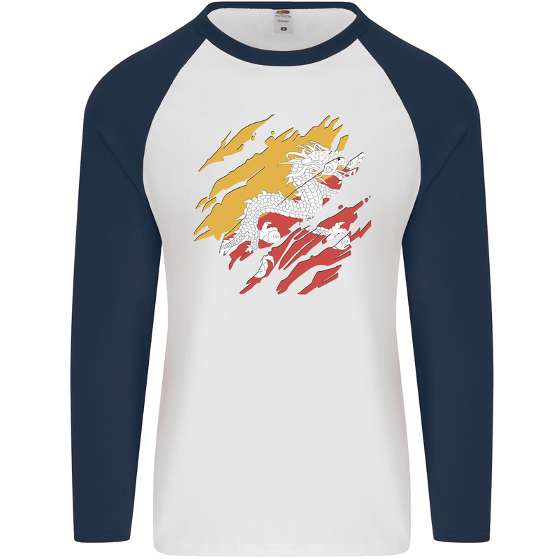 Torn Bhutan Flag Bhutanese Day Football Mens L/S Baseball T-Shirt White/Navy Blue