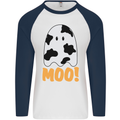 Moo Funny Cow Ghost Halloween Spooky Mens L/S Baseball T-Shirt White/Navy Blue