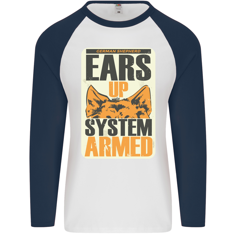 German Shepherd System Armed Mens L/S Baseball T-Shirt White/Navy Blue